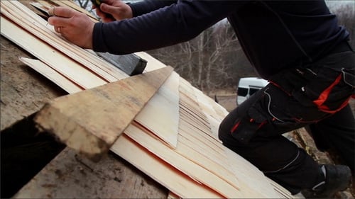 Roofer Wearing Work Clothes Cedar Wooden Shingle
