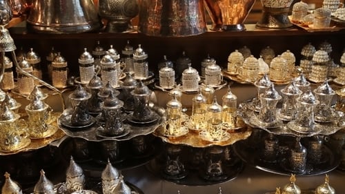 Ornate Tea Sets Displayed in Gold and Silver