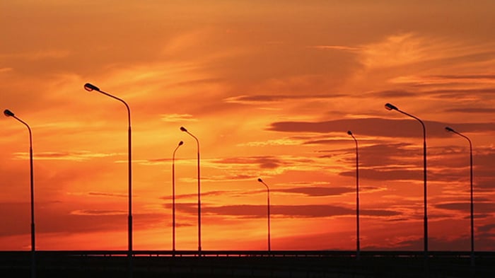 Forward Drive on a Highway towards Modern City at Sunset, Backgrounds ...