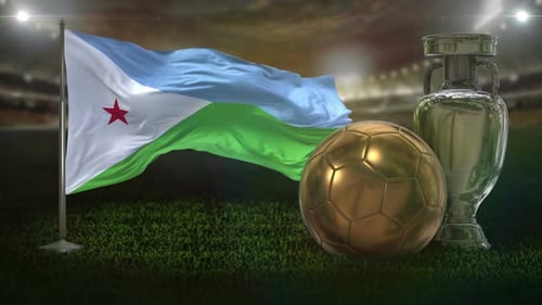 Animated Djibouti Flag, Golden Soccer Ball, and Silver Trophy