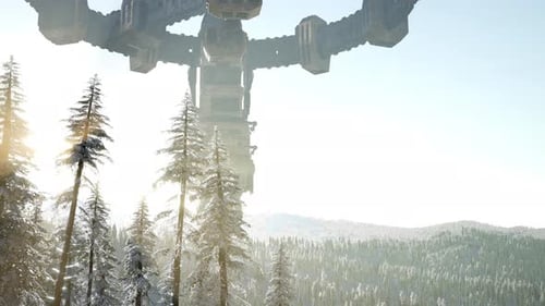 UFO Hovering Over a Forest at Sunset with Light Beam