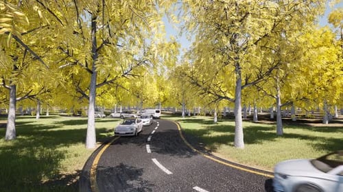 Herbst Autoverkehr Landschaft auf gelbem Hintergrund Reisekonzept Herbstlaub