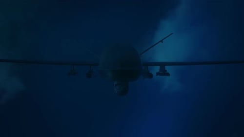 High-Tech Drone Flying Over Water At Night