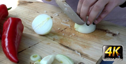 Zwiebel auf Holzplatte hacken 5
