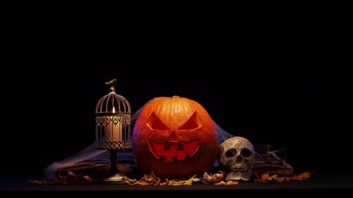 Halloween Still Life with Pumpkin and Skull