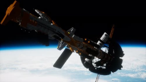 Futuristic Space Station and Spaceship Orbiting Earth