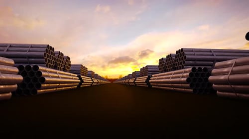 Background CG animation of steel pipes bunches. Tubes building construction