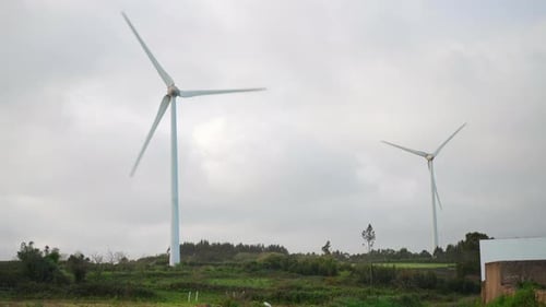 Rotating Wind Turbines in Green Rural Field