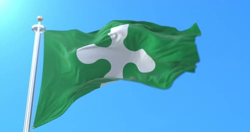 Green Flag With White Symbol Waving Against Blue Sky