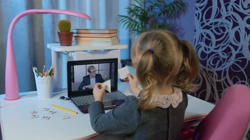 Back To School Online Learning for Kids Child Girl Distance Lesson Education at Home with Teacher