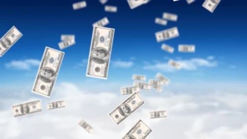 Falling Hundred Dollar Bills Against Blue Sky Animation