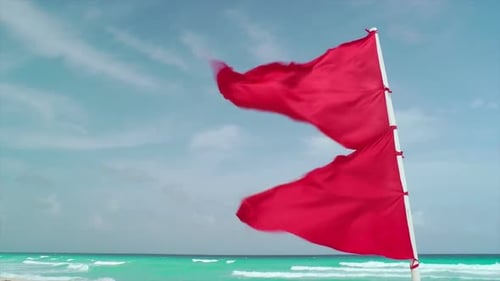 Red Flags Blowing in the Wind on Tropical Beach
