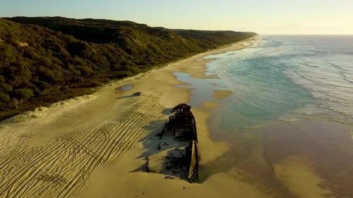Drone footage of the Maheno Shipwreck on Fraser Island. Footage taken during sunrise with only one c