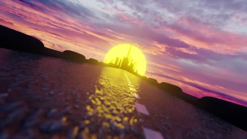 Puesta de sol y conducir a la ciudad en el puente