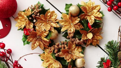 Overhead Christmas Holiday Wreath on White Table