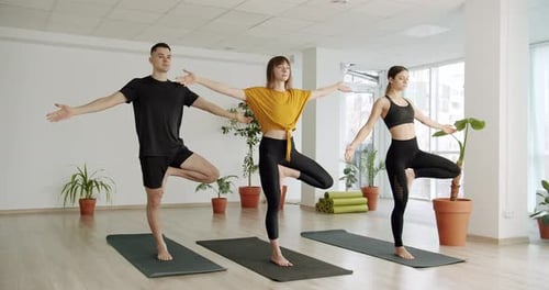 Young Adults Practicing Yoga in Studio