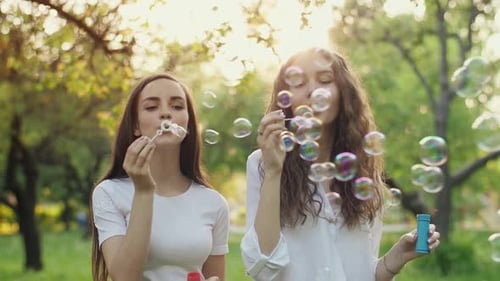 Young Women Blowing Bubbles in Sunny Park