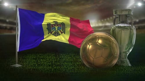 Moldovan Flag Waving with Gold Soccer Ball and Silver Trophy in Stadium