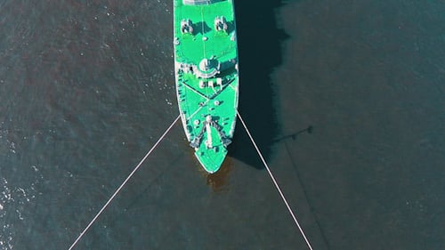 Aerial View Warship Moored on Buoys