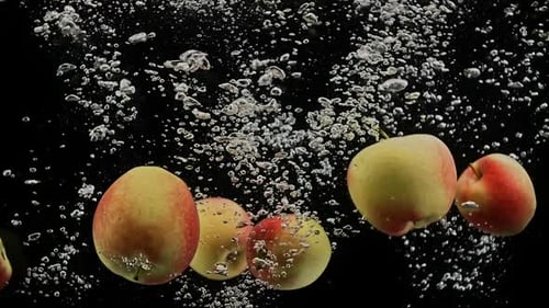 Frische rote und gelbe Äpfel fallen in Wasserspritzer isoliert auf schwarzem Hintergrund