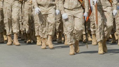 March American Soldier in Military Camouflage Uniform. USA. Army Officers US.