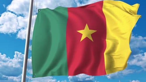 Waving Cameroon Flag Against Blue Sky