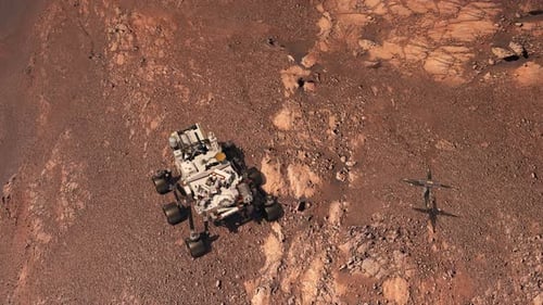 Mars Rover and Ingenuity Helicopter Exploring Red Planet Landscape