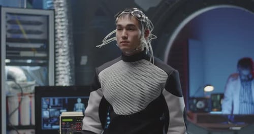 Young Adult in Futuristic Lab with Headset