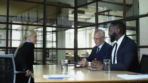 Two Businessmen Interviewing Female Job Applicant, Company Employment, Work