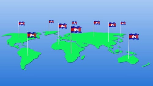 Animated World Map with Waving Cambodian Flags