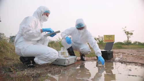 Zwei mit PSA gefüllte Ökologen nahmen eine Wasserprobe zur Analyse.