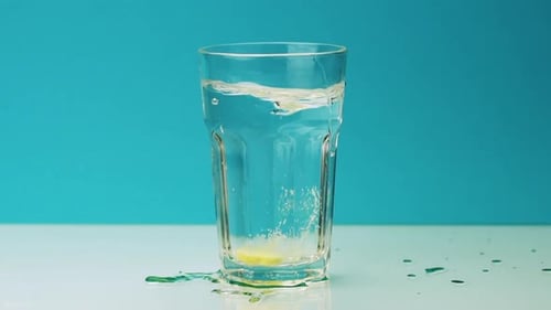 An Effervescent Pill Falls Into a Glass and Dissolves