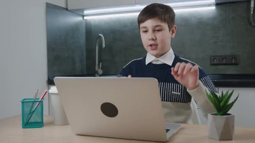 Boy Using Laptop At Table Indoors