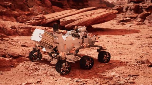 3D Animation of a Mars Rover on a Red Rocky Landscape