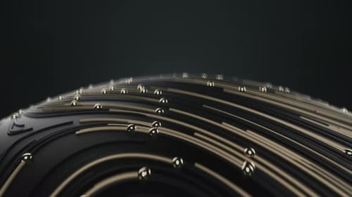 Flying Over Golden Ball with Circular Topographic Animated Lines and Particles on Black Background