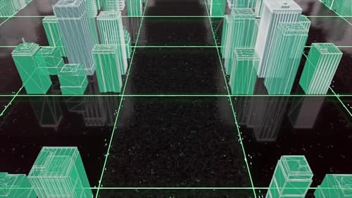 Edificios de neón en la superficie cuadrada abstracta