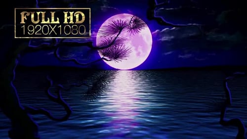 Purple Moon Reflection Over Water with Silhouetted Trees