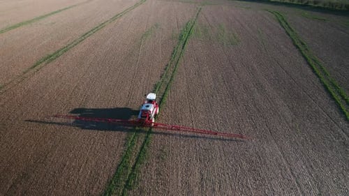 Tractor Sprays Vast Field from Aerial View