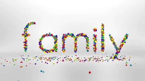 Colorful Geometric Particles Form 'Family' Word Reveal
