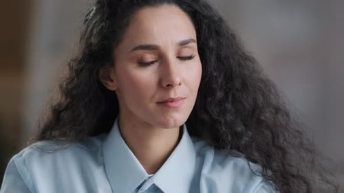 Woman Smiling in Close-up, Beautiful Curly Hair