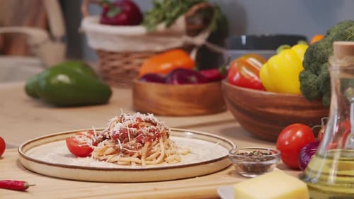 Plate with Spaghetti Bolognese on Kitchen Table
