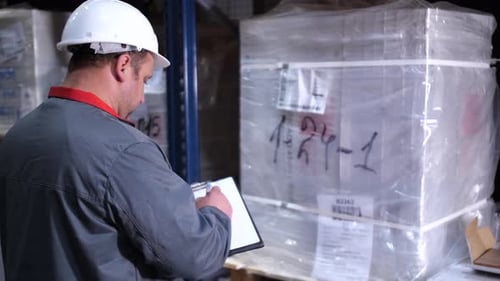 A Warehouse Worker in a Helmet Writes His Note Into His Folder
