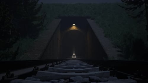 Train leaving an old underground tunnel. Railway transportation. Dark foggy.