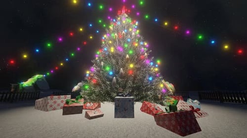 Festive Christmas Tree with Gifts and Twinkling Lights in Snowy Night