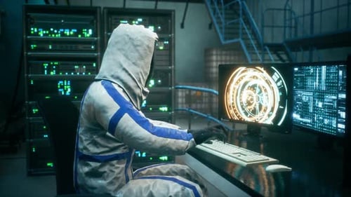 Futuristic Scientist Operating Computer in High-Tech Research Lab