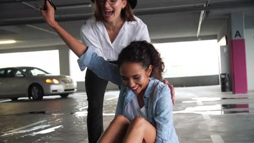 Friends Having Fun in Urban Parking Garage