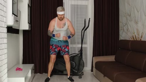 Funny Fat Sportsman Guy Couch Making Running Cardio Exercises for Online Weight Loss Vlog at Home