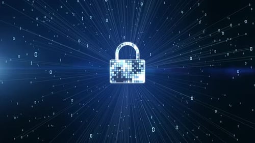 Digital Security Padlock Icon with Binary Data Streams Animation