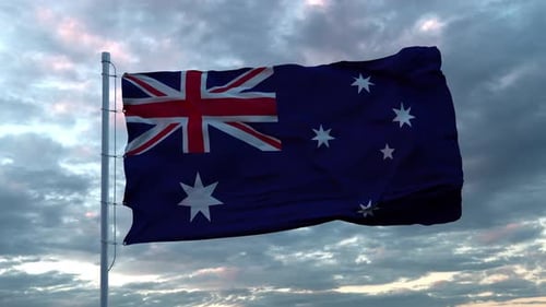 Realistic Australian Flag Waving Against Cloudy Sky