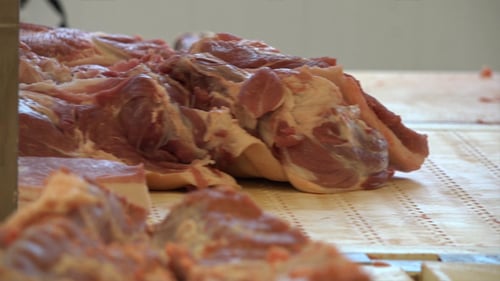 Raw Meat Moving on a Conveyor Belt